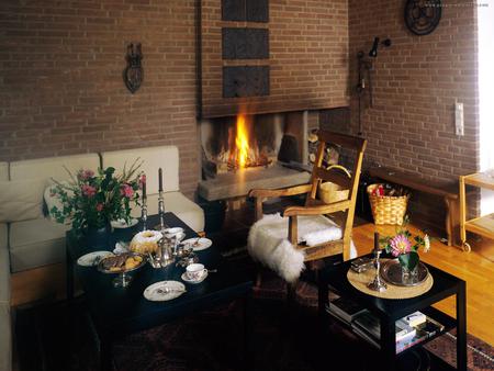 Fireplace - Tea Time - beautiful, teacups, teapot, sitting place, flowers vases, 2 tables, chear, fireplace, fire, cookies, candles, living room