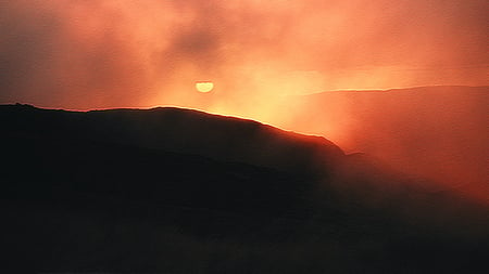 Foggy sunset - sunset, fog, red, new zealand