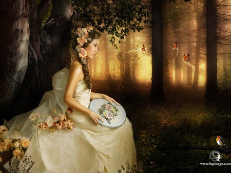 In Ihe Forest - elegance, forest, bride, white, butterflies, sad, 3d, woman, autumn