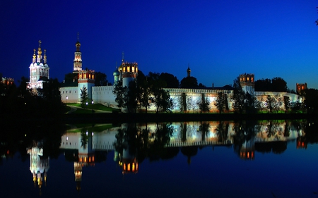 Reflection - lights, alley, lanterns, beautiful, grass, architecture, view, castle, nature, water, beauty, buildings, night, peaceful, blue, lake, sky, reflection, lovely, trees, colors