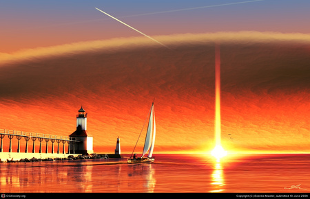 Sunset over Lake Michigan - lake, sunset, lighthouse, boat