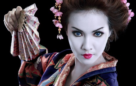 Geisha - black, girl, white face, beauty, blow eye, charming