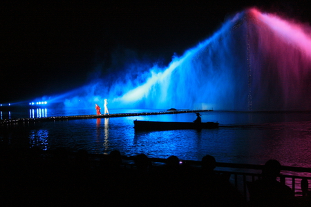 Coloured Water, China - colours, people, water, night, boat