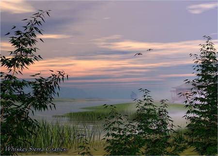 Chinese Landscape - leaves, sky, trees, birds