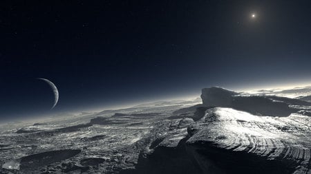 View from Surface Pluto - space, neptune, planet, cold, rocks, sun