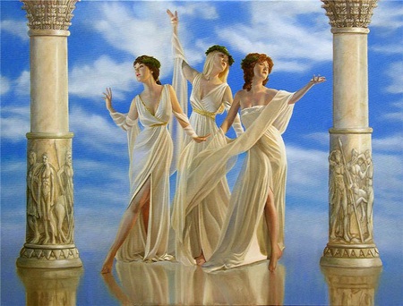 Ethereal goddesses - women, clouds, inviting, maidens, gowns, ethereal, carvings, pillars, white, ancient, goddess, textured