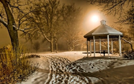 Batavia - square, winter, beautiful, foggy, serene, city, night, architecture, gazebo, park