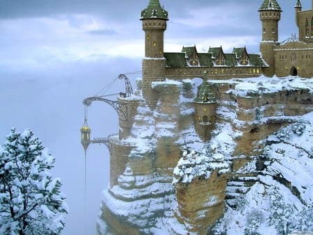 winter castel - castel, lonely, imposing, winter, great, rocks