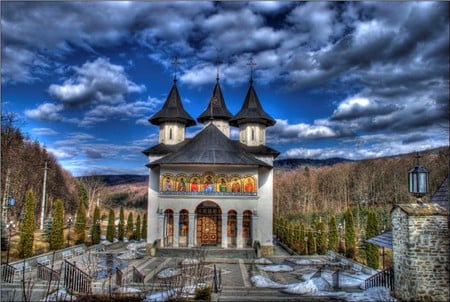 romanian monastery - soul, blue, romania, beautiful, religion, pray, religious, peaceful, sky, monastery, orthodox