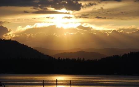 Golden Sky - sky, serene, forests, mountains, reflections, lakes, nature, beautiful, clouds, colors