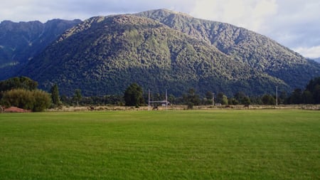 Rugby field - rugby, moutain, green, new zealand