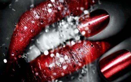 Fiery Wet Lips - women, abstract, fingernails, lips, water, 3d and cg, sexy