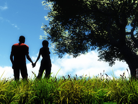 Daydreaming - tree, field, grass, lovers