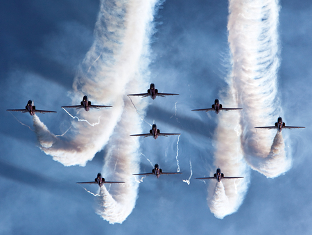 nine awesome planes - plane, airplane, aircraft, blue, smoke, sky