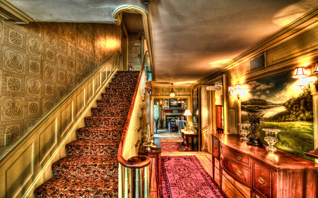 staircase - stairs, building, abstract, red, steps, hotel, gold