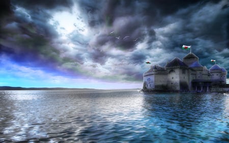 Sea Castle - storm, sea, blue, castle