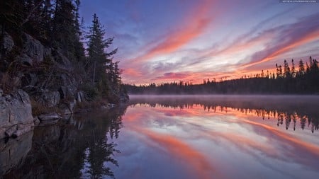 Lake Sunset - sky, lake, sunset, rocks, red, blue, beautiful, orange, pine trees