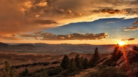 Sunset - sky, trees, hills, landscape, greens, sunset, fullcolours, clouds, beautiful