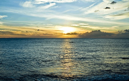 Ko'olina Sunset - sky, ocean, nature, calm, reflection, blue, beautiful, clouds, sunsets, colors, boat