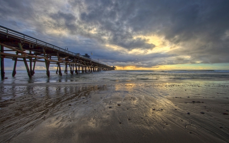 Sunset - beauty, beach, sky, california, peaceful, colorful, sunset, view, clouds, sand, ocean, lovely, waves, nature, pier, beautiful, colors, sea