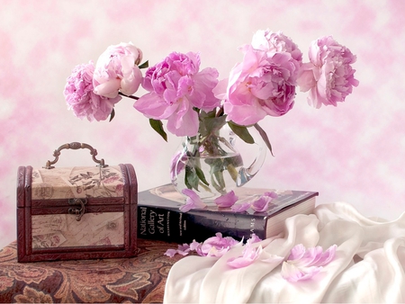 Still Life - nice, beauty, photography, still life, book, peonies, box, pretty, petals, romance, peony, lovely, vase, nature, romantic, beautiful, pink, flowers, colors