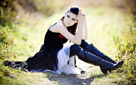 Contemplation - sitting, female, boots, rose, gothic, grass