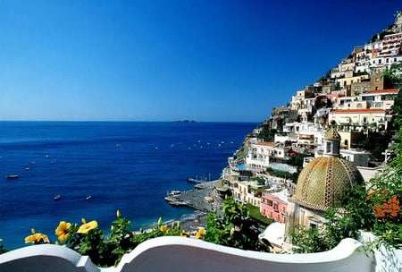 Bella Italia - ocean, sky, houses, places, mountain, arhitecture, popular, water, italia, modern, positano, bella, blue, flowers