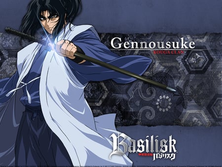 Kouga Gennousuke - yellow eyes, kitana, long hair, samurai, kouga gennousuke, basilisk, black hair, kouga, gennousuke, blue background, anime, ninja, kouga clan, weapon, sword