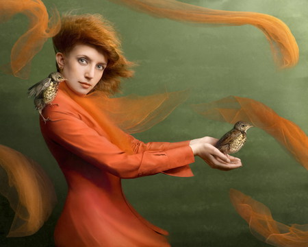 Learning to Fly - female, artwork, orange, fantasy, birds