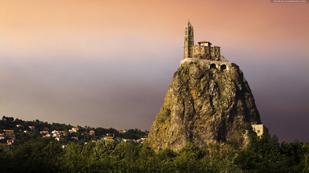 The Church - sky, church, belltower, monastre, beautiful, orange, big rock