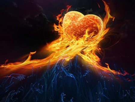 The power of love - hands, amazing, blow, heart, orange, charming, fire