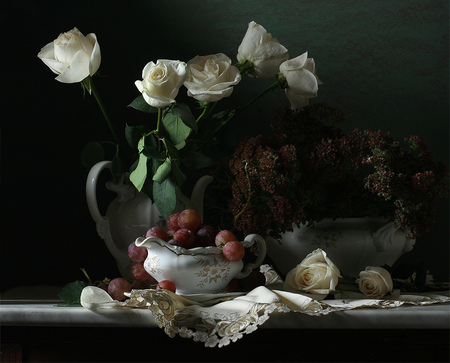 still life - roses, elegant, photo, flowers, embroidery, fruit, nice, silk, beautiful, photography, cool, still life, flower, bouquet, harmony, grapes, rose