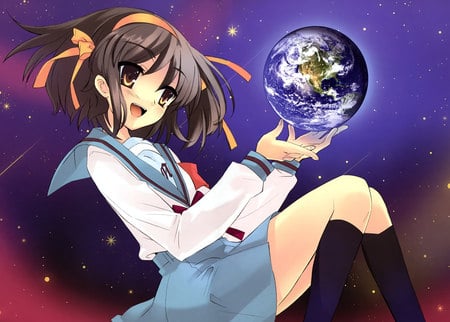 The world in her hands - girls, the melancholy of haruhi suzumiya, anime, space, earth