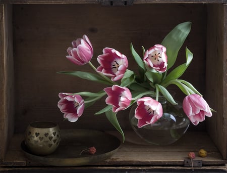 still life - nice, photography, tulips, bouquet, still life, vase, cool, beautiful, tulip, flowers, old, photo, flower, candlestick, harmony