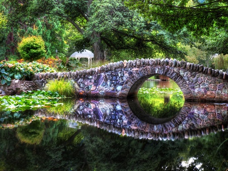 The Bridge - reflections, trees, river, architecture, water, park, green, bridge