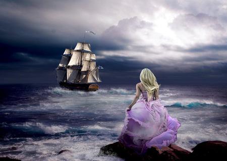 Sailing Away - woman, female, blond, water, fantasy, storm, purple, clouds, ocean, sailing, wves, waves, ship, cloudy, beautiful, blue, sea, dress