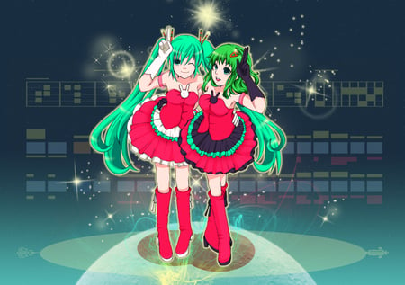 Hatsune Miku & Gumi - aqua, headset, thighhighs, music, anime girl, white, cool, aqua eyes, hatsune miku, skirt, song, teal, vocaloids, program, vocaloid, beautiful, singers, diva, dress, nice, beauty, twintail, aqua hair, bars, black, virtual, pretty, idol, green, anime, miku, cute, girl, hatsune, microphone, headphones, singing, awesome, green hair