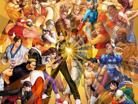 King of Fighters VS Street Fighters - anime, shiranui mai, chun li, capcom, dhalsim, ken masters, kusanagi kyo, group, balrog, kyo, fighters, kyo kusanagi, yagami iori, chunli, king of fighters, snk, e honda, mai shuranui, iori yagami, terry bogard, ryu, mai, characters, kof, cammy, games, video games, crossover, vega, ken, cammy white, street fighter