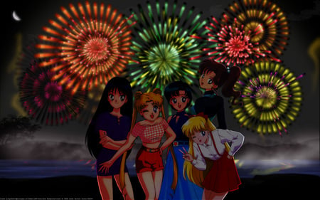 Sailor Moon Fireworks - sailor moon, anime, rei, minako, usagi, fireworks, ami, makoto