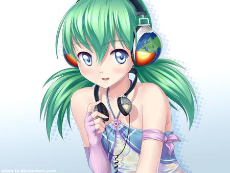 Music World - pretty, anime, blue, planet, earth, green hair, microphone, music, headphones, nice, blue eyes, anime girl, beautiful, hot, blush, beauty, cool, orange, black, white, awesome, green, cute, headset, sexy, song