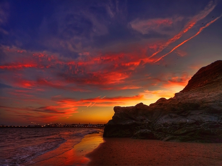 Sunset - amazing, beach, splendor, reflection, sand, view, red, ocean waves, sky, clouds, beautiful, sea, beauty, colors, lovely, ocean, colorful, nature, sunset, lights, waves, peaceful