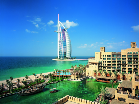 Dubai - beach, boat, sand, view, hotel, sky, clouds, trees, water, beautiful, sea, beauty, colors, lovely, architecture, ocean, buildings, boats, dubai, nature, modern, peaceful