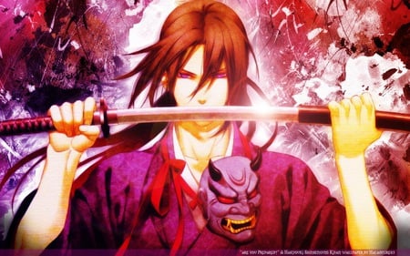 Hijikata Toshizou - lone, mask, hakuouki shinsengumi kitan, hijikata toshizou, solo, blade, brown hair, shinsengumi, purple background, purple, katana, anime, scabbard, sword, purple eyes, hijikata toushizo, male, warrior, samurai, long hair, horns, pink, weapons