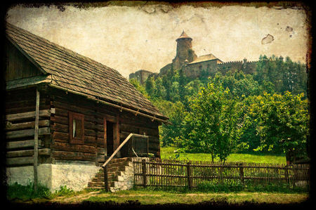 Carpatian old village - houses, trees, arhitecture, places, slovakia, village, fench, brown, castle, stara lubovna castle, texture, old