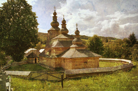 Wooden Church - clouds, trees, wood, grass, church, religious, arhitecture, old, places, slovakia, mirola, sky