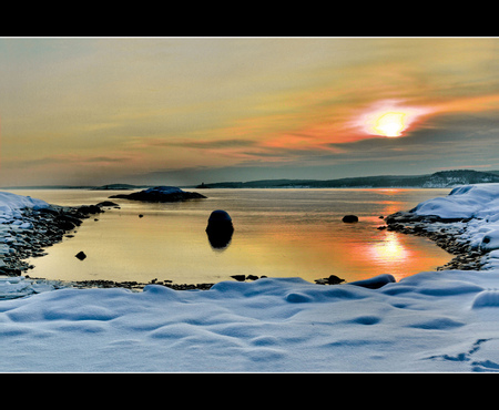 Northern winter light - sween, coast, snow, light, reflection, northern, sky, scandinavia, winter, water, explored, sea, sesons, gold, north, white, nature, sunset, places, baltic