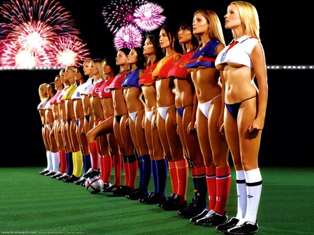 Dream Team - female, grass, long hair, football, fifa, bikini, world cup, socks, soccer, brunette, fireworks, sports, beautiful, hot, models, blonde hair, brown hair, cool, females, girls, black hair, soccer ball, stadium, sexy