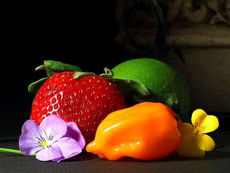 Beautiful Still Art - pepper, still art, strawberry, photography, beautiful, colors, lime, flowers