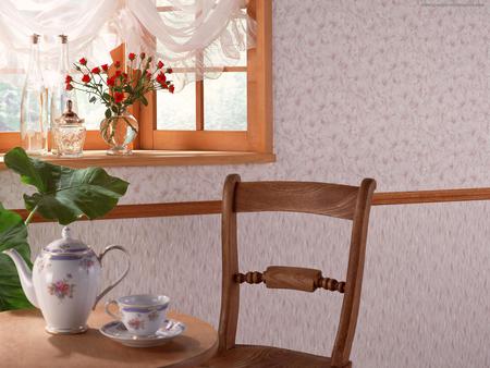 Tea Time - room, glass vase, teacup, botlles, teapot, window, beautiful, chear, table, red roses