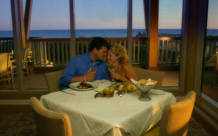 In Love - love, ocean, two, couple, glasses, wine, view, table, dinner